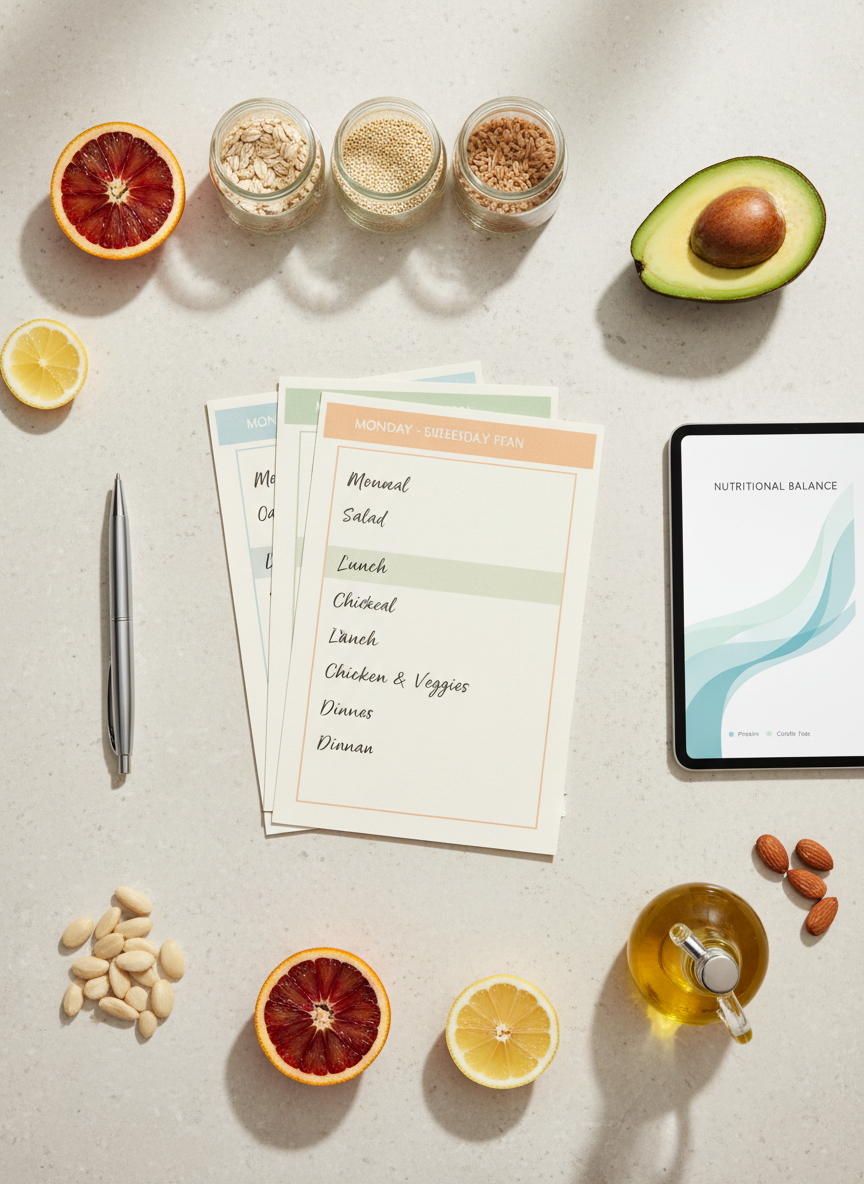 A meticulously arranged flat lay representing a personalized, flexible meal plan: color-coded weekly menus printed on crisp white paper, a sleek metal pen, and a slim tablet showing abstract graphs of nutritional balance. Around them, an elegant selection of whole foods is placed on a pale stone surface: a perfectly halved avocado, sliced citrus, whole grains in small glass containers, extra virgin olive oil, and a handful of almonds. Overhead natural light creates soft, even illumination with delicate shadows, giving a calm, organized feeling. Photographic realism from a true top-down perspective, sophisticated composition using the rule of thirds, minimalist and professional atmosphere suitable for an expert human nutrition website.